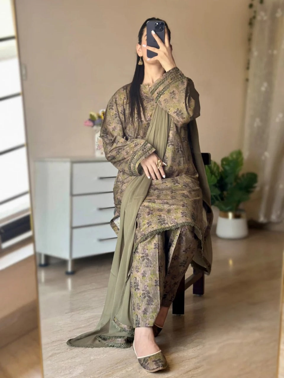 Olive Bloom – Stitched 3-Piece Lawn Suit in Earthy Floral Fusion