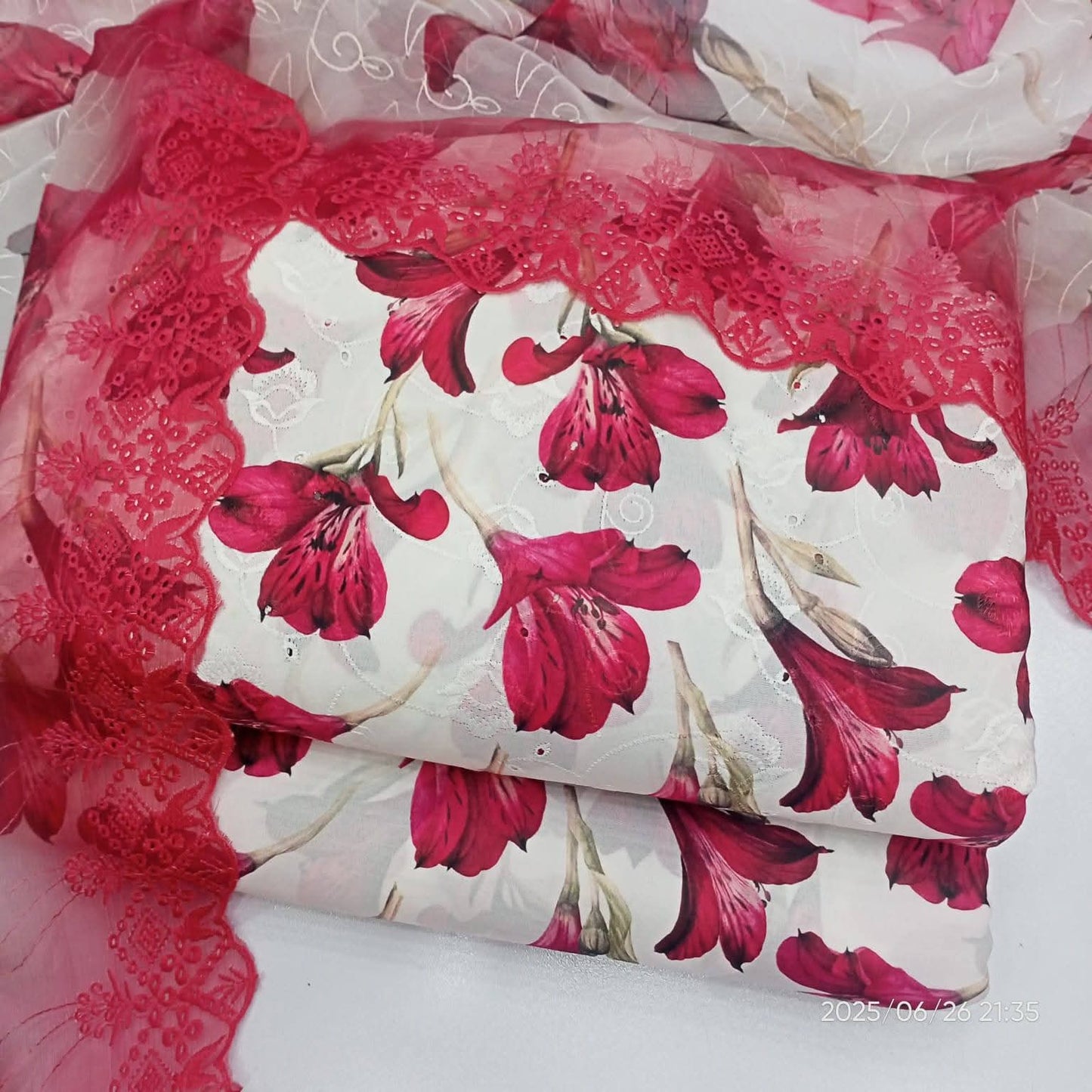 Crimson Petals – Unstitched 3-Piece Embroidered Lawn Suit in Ivory Red Bloom