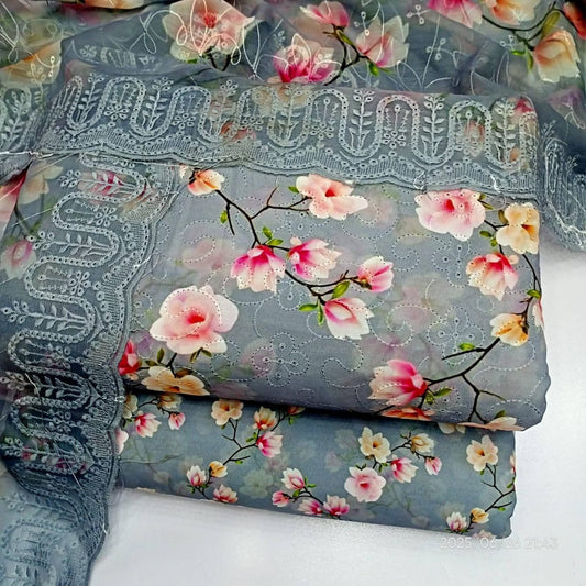 Moonlight Blossom – Unstitched 3-Piece Embroidered Lawn Suit in Serene Grey Florals