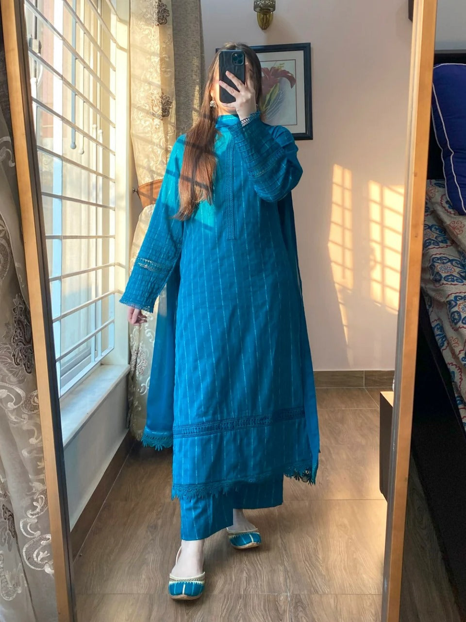 Azure Grace – Stitched 3-Piece Lawn Suit in Deep Teal Blue