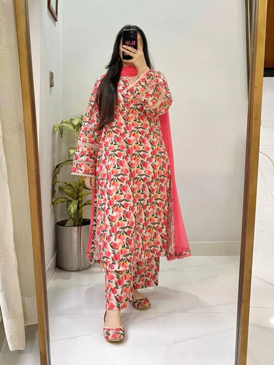 Blush Bloom – Stitched 3-Piece Lawn Suit in Printed Petals Elegance