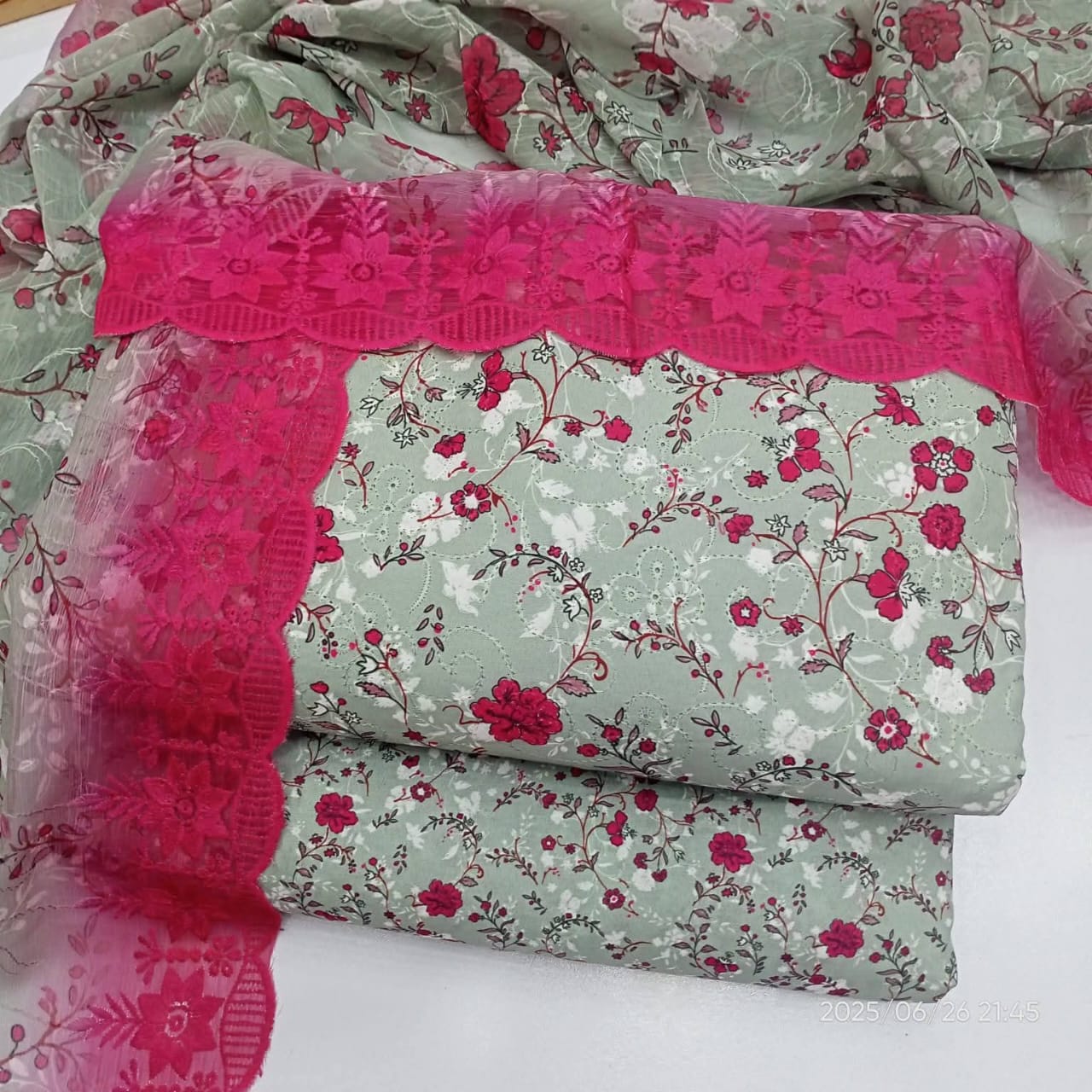 Gul Bahar – Unstitched 3-Piece Embroidered Lawn Suit in Mint & Crimson Blooms