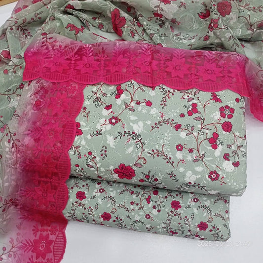 Gul Bahar – Unstitched 3-Piece Embroidered Lawn Suit in Mint & Crimson Blooms