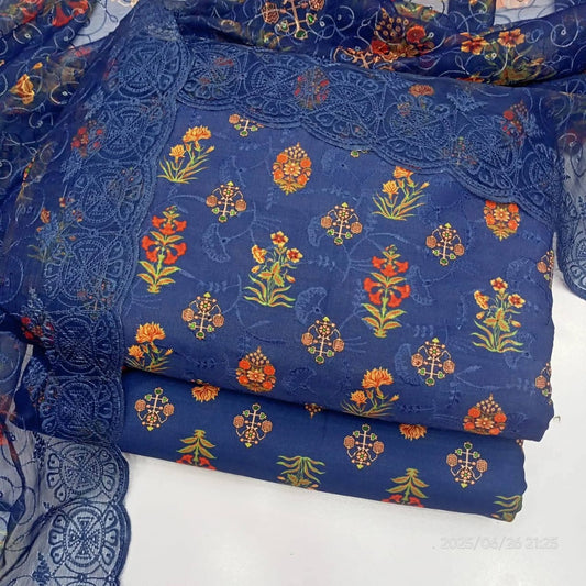 Neel Kamal – Unstitched 3-Piece Embroidered Lawn Suit in Navy & Warm Florals