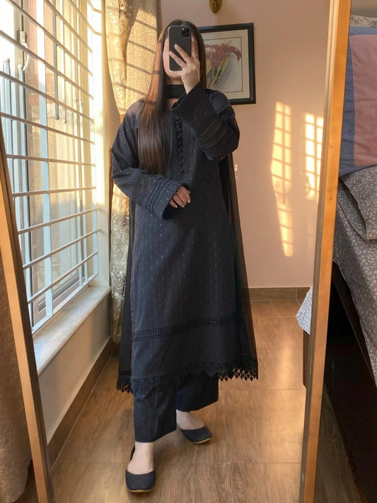 Noir Classic – Stitched 3-Piece Lawn Suit in Timeless Black Elegance
