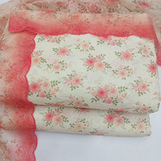 Rosy Bloom – Unstitched 3-Piece Embroidered Lawn Suit in Ivory Coral