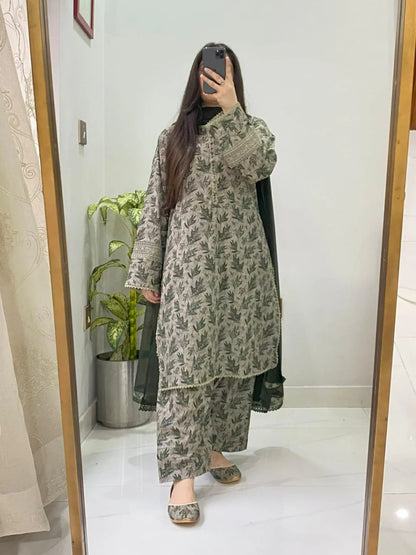 Hina-e-Subah – Stitched 3-Piece Lawn Suit in Olive Tranquility