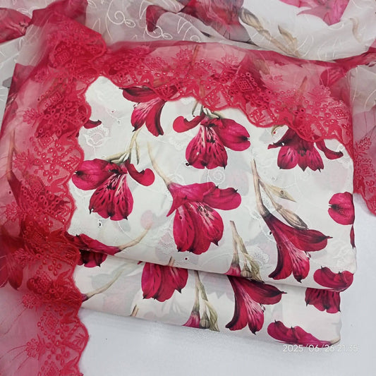Crimson Petals – Unstitched 3-Piece Embroidered Lawn Suit in Ivory Red Bloom