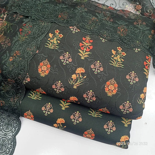 Midnight Garden – Unstitched 3-Piece Embroidered Lawn Suit in Deep Forest Bloom