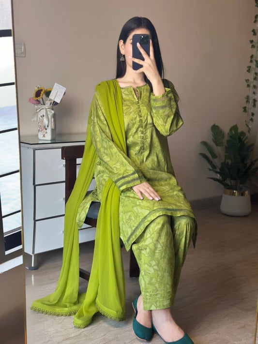 Zaitoon-e-Bahar – Stitched 3-Piece Lawn Suit in Olive Serenity