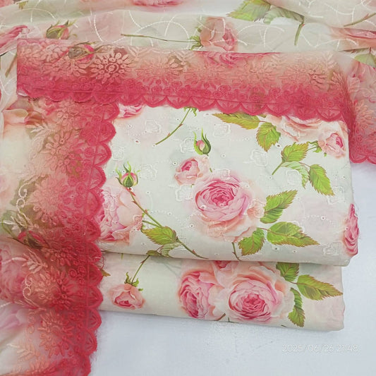 Blushing Rose – Unstitched 3-Piece Embroidered Lawn Suit in Soft Cream Blossom
