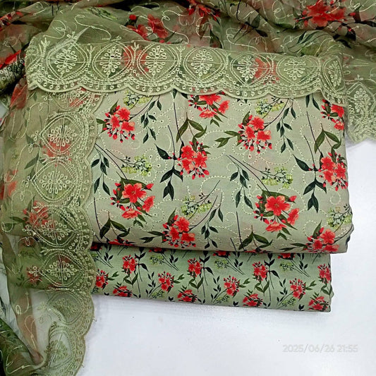 Olive Bloom – Unstitched 3-Piece Embroidered Lawn Suit in Red Floral Olive