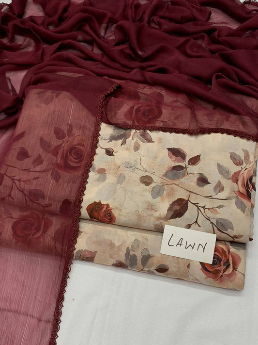 Mehka Saawan – Unstitched 3-Piece Lawn Suit in Deep Rose Elegance