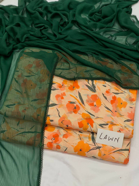 Gulnaar – Unstitched 3-Piece Lawn Suit in Flame Petals